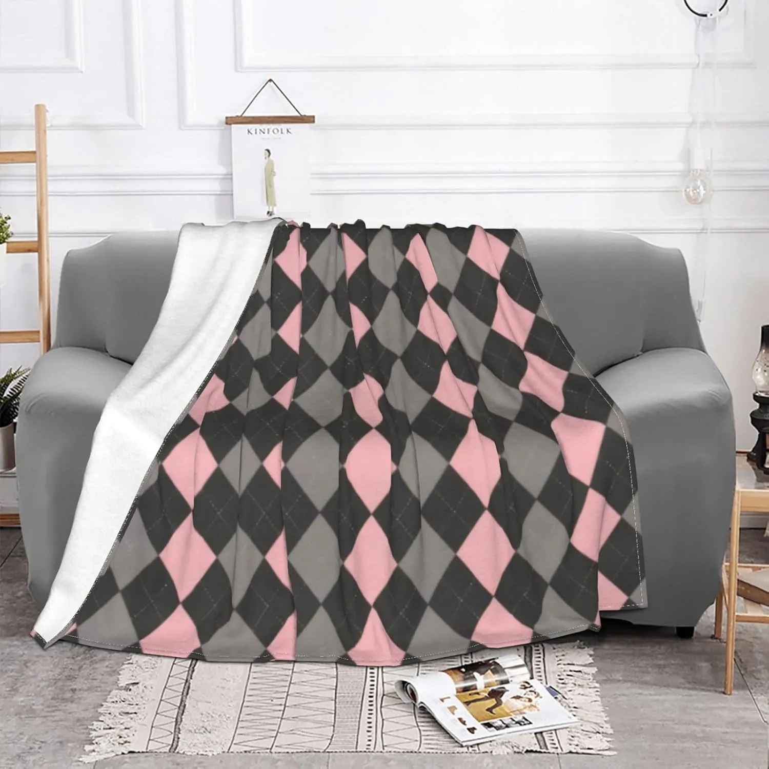 Pink Black Gray Argyle 60"X50" Flannel Blanket - 100% Soft Polyester, Lightweight and Warm, Suitable for Families, Camping, Travel