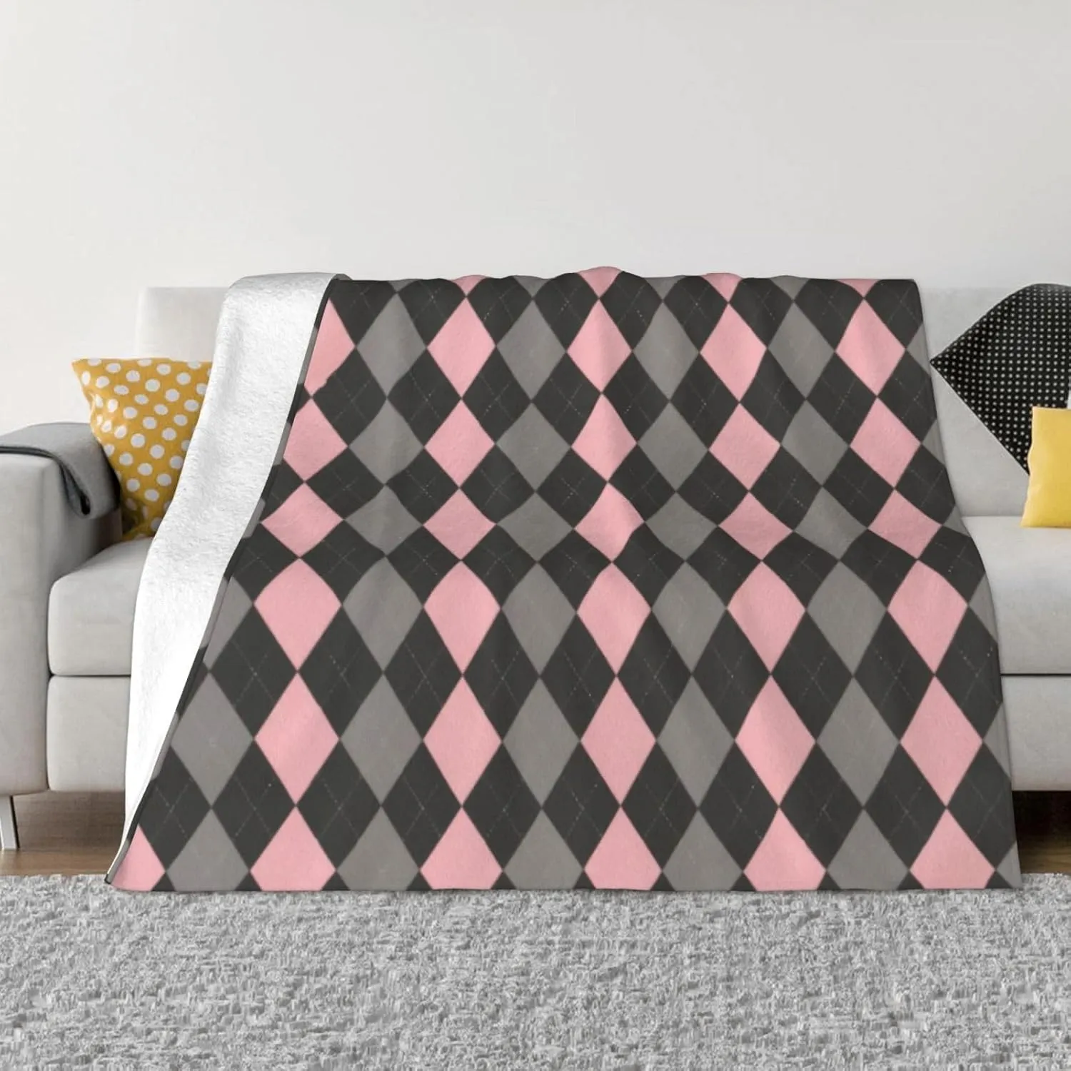 Pink Black Gray Argyle 60"X50" Flannel Blanket - 100% Soft Polyester, Lightweight and Warm, Suitable for Families, Camping, Travel