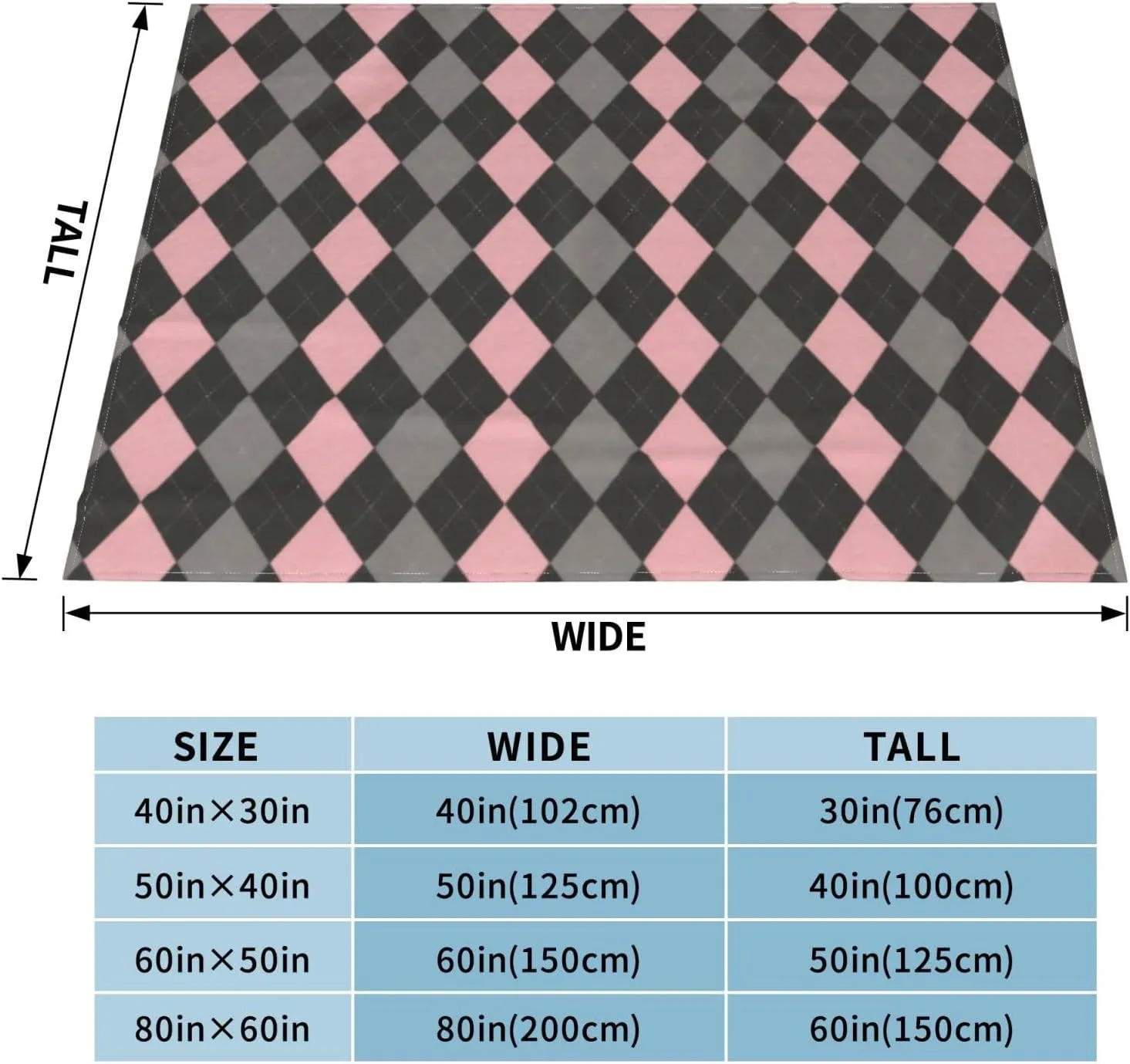 Pink Black Gray Argyle 60"X50" Flannel Blanket - 100% Soft Polyester, Lightweight and Warm, Suitable for Families, Camping, Travel