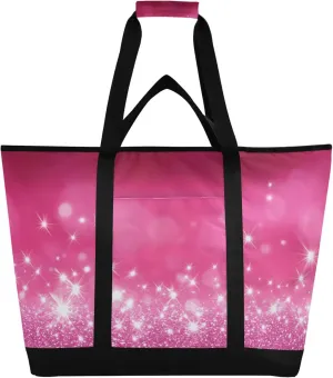 Pink Glittery Reusable Insulated Cooler Bag with Ice Pack Compartment - Large 47L Waterproof Thermal Grocery Tote for Picnic Beach Camping Lunch Storage