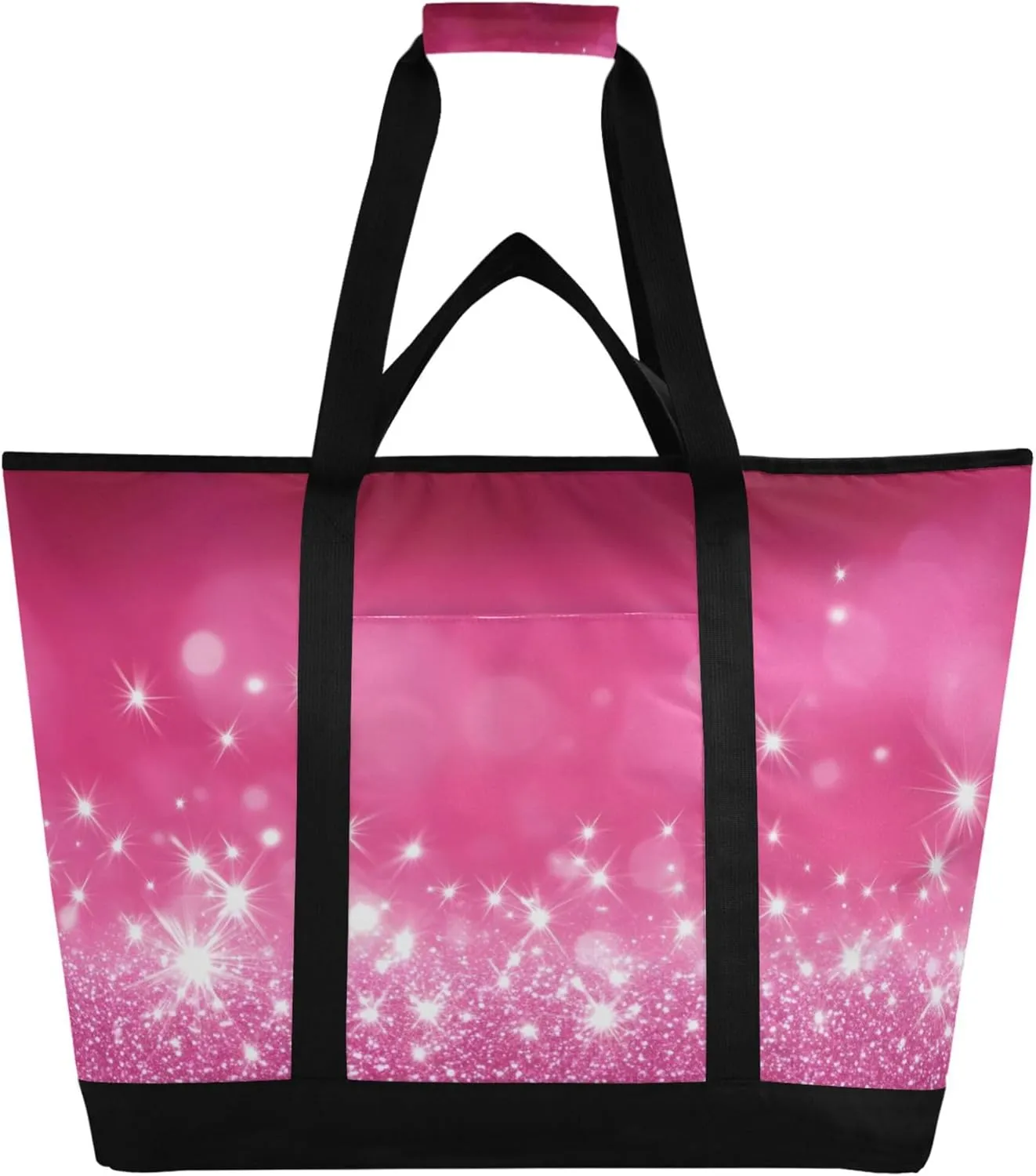 Pink Glittery Reusable Insulated Cooler Bag with Ice Pack Compartment - Large 47L Waterproof Thermal Grocery Tote for Picnic Beach Camping Lunch Storage