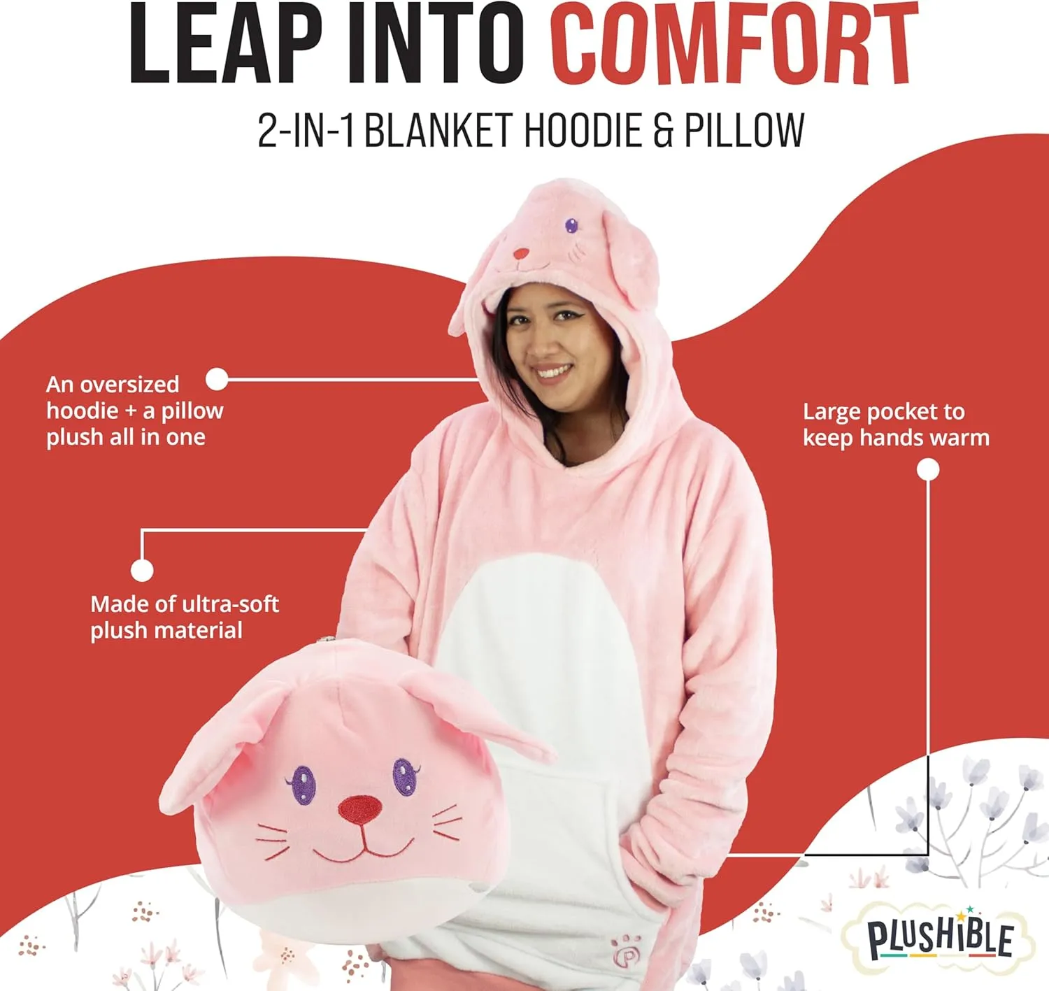 Plushible Wearable Blanket Hoodie, 2-in-1 Oversized Hoodie Blanket Pillow, Long Sleeve Sweatshirt Pocket, Cozy Holiday Gift