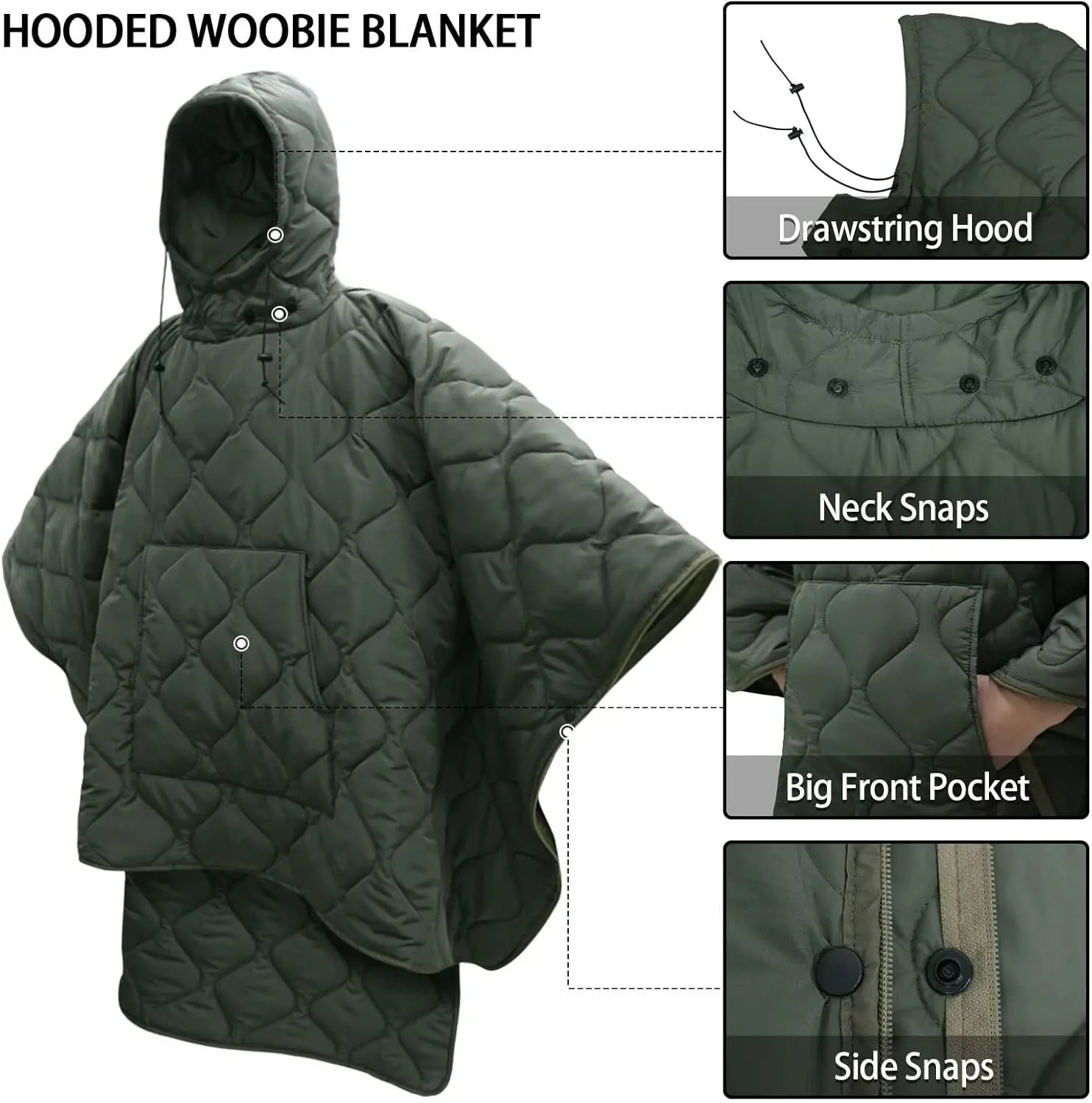 Poncho Liner Hoodie with Pocket Insulated Military Sleeping Bag Waterproof for Outdoor Camping Travel Survival Hunting Car Emergency