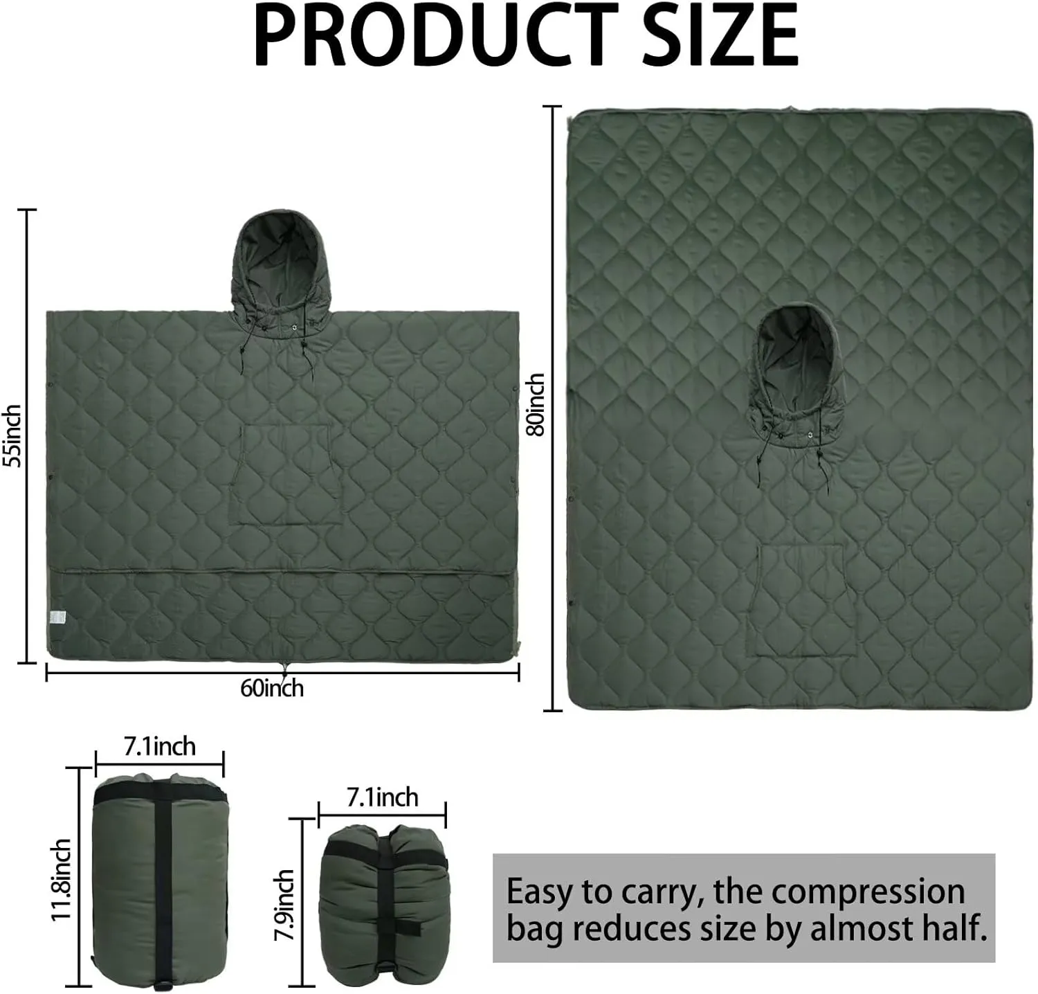Poncho Liner Hoodie with Pocket Insulated Military Sleeping Bag Waterproof for Outdoor Camping Travel Survival Hunting Car Emergency