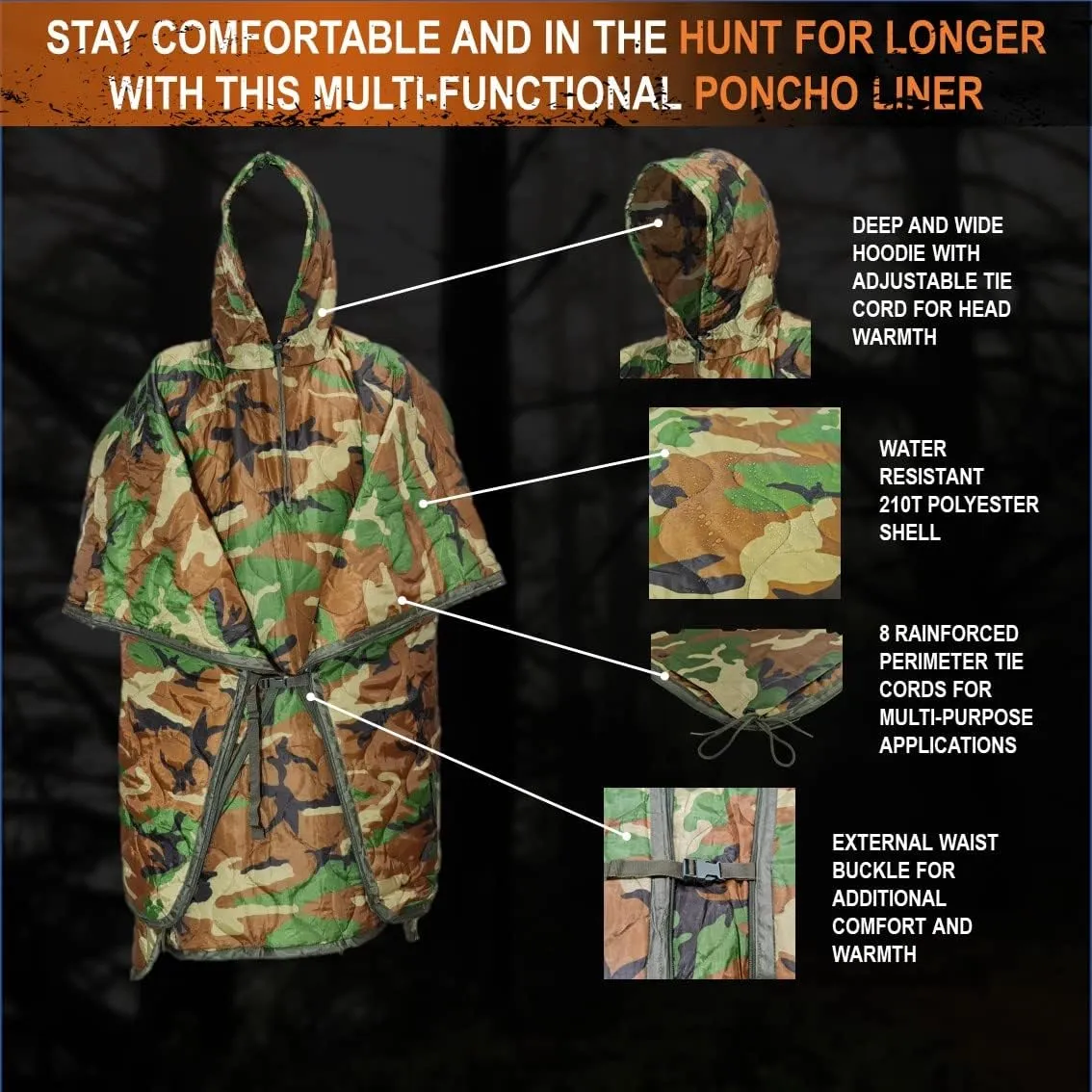 Poncho Liner Military Woobie Blanket w/Hoodie. Great w/Rain Ponchos and can use as Camping Quilt, Sleeping Bag and Shelter