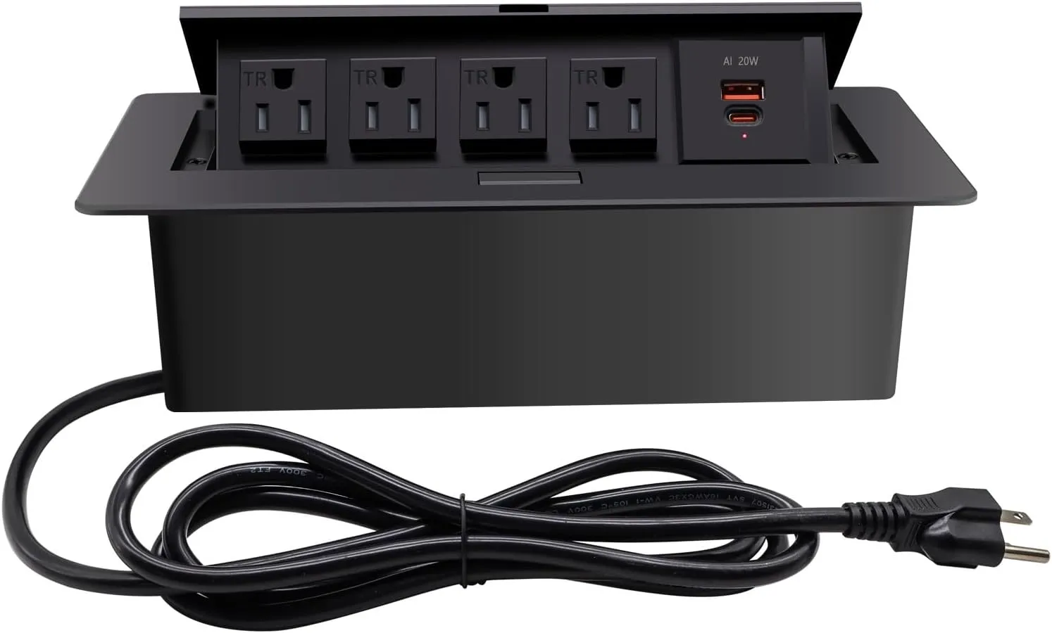 Pop up Power Strip, Embedded countertop Pop Up Outlet, 6.5FT 16AWG Cable 4 AC Outlets max power1875w USB C PD 20W Fast Charging Used for Office, Conference, Home, Study, Table etc -Black