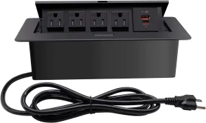Pop up Power Strip, Embedded countertop Pop Up Outlet, 6.5FT 16AWG Cable 4 AC Outlets max power1875w USB C PD 20W Fast Charging Used for Office, Conference, Home, Study, Table etc -Black