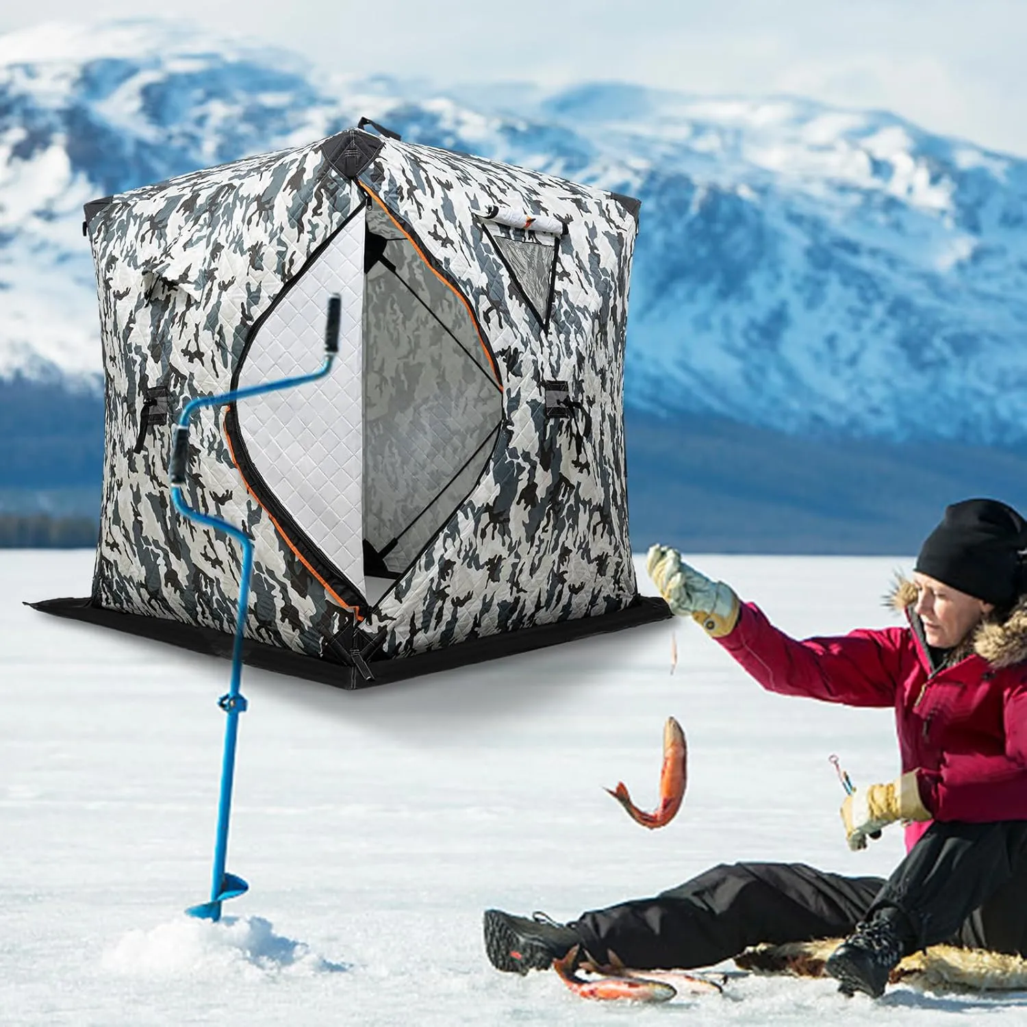 Portable 2 Person Ice Fishing Tent with Packing Bag and Handbag，Freestanding Insulated Ice Fishing Shelter Thermal,Ice Fishing Shanty with Insulated Layer for Out Ice Fishin and Picnics