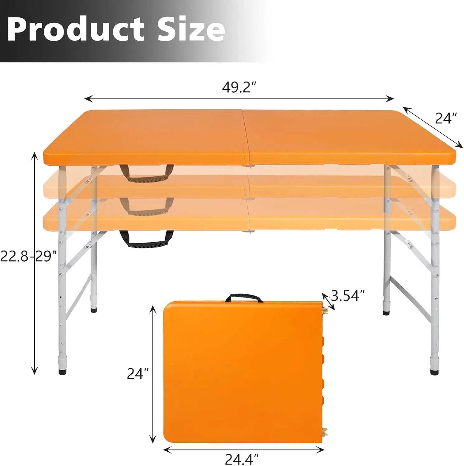 Portable 4Ft Adjustable Height Plastic Folding Table, Heavy Duty Fold-in-Half Table with Carrying Handle, Small Utility Foldable Table for Picnic Party Camping BBQ, Indoor/Outdoor (Orange)