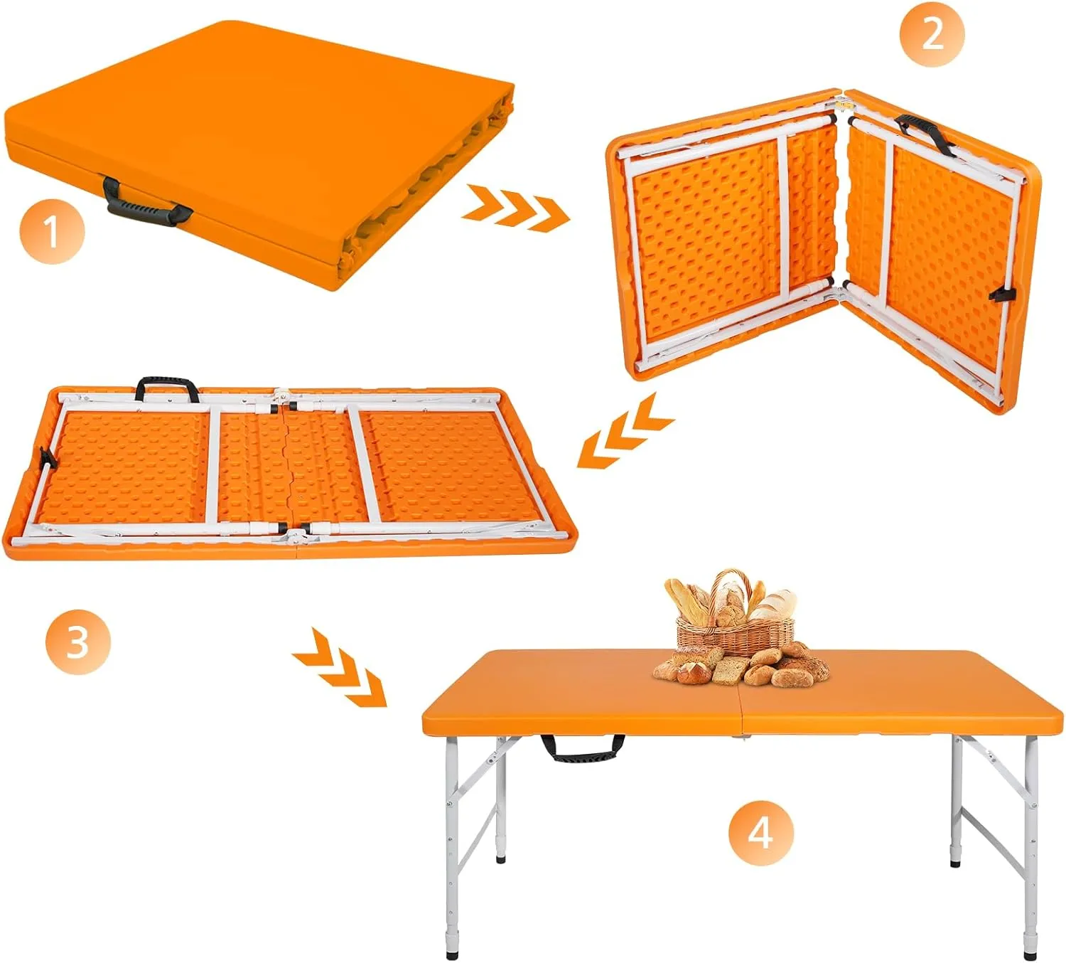Portable 4Ft Adjustable Height Plastic Folding Table, Heavy Duty Fold-in-Half Table with Carrying Handle, Small Utility Foldable Table for Picnic Party Camping BBQ, Indoor/Outdoor (Orange)