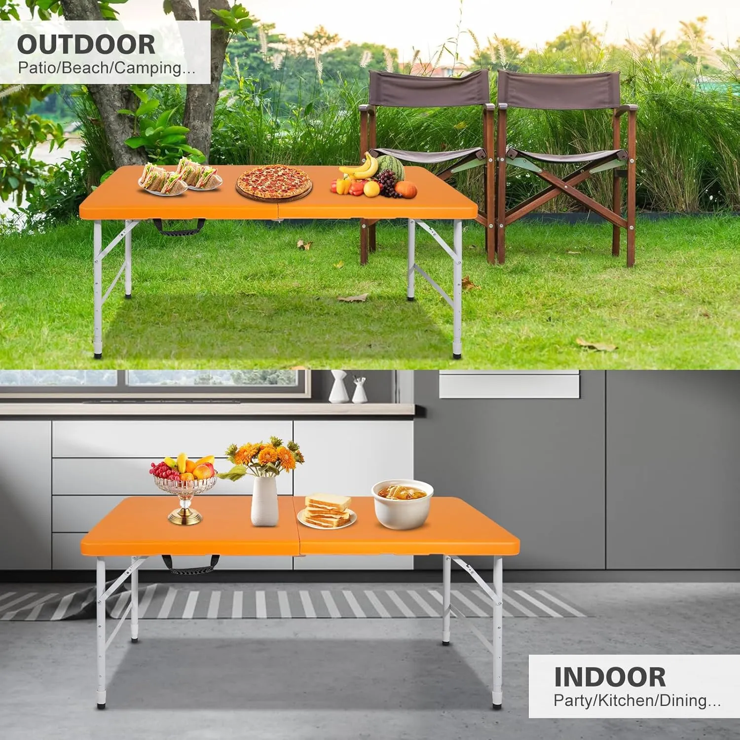 Portable 4Ft Adjustable Height Plastic Folding Table, Heavy Duty Fold-in-Half Table with Carrying Handle, Small Utility Foldable Table for Picnic Party Camping BBQ, Indoor/Outdoor (Orange)