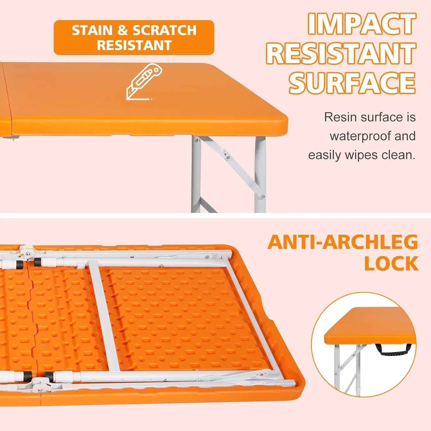 Portable 4Ft Adjustable Height Plastic Folding Table, Heavy Duty Fold-in-Half Table with Carrying Handle, Small Utility Foldable Table for Picnic Party Camping BBQ, Indoor/Outdoor (Orange)