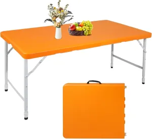 Portable 4Ft Adjustable Height Plastic Folding Table, Heavy Duty Fold-in-Half Table with Carrying Handle, Small Utility Foldable Table for Picnic Party Camping BBQ, Indoor/Outdoor (Orange)