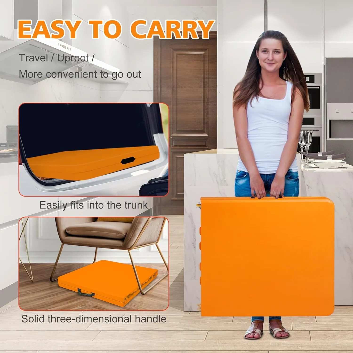 Portable 4Ft Adjustable Height Plastic Folding Table, Heavy Duty Fold-in-Half Table with Carrying Handle, Small Utility Foldable Table for Picnic Party Camping BBQ, Indoor/Outdoor (Orange)