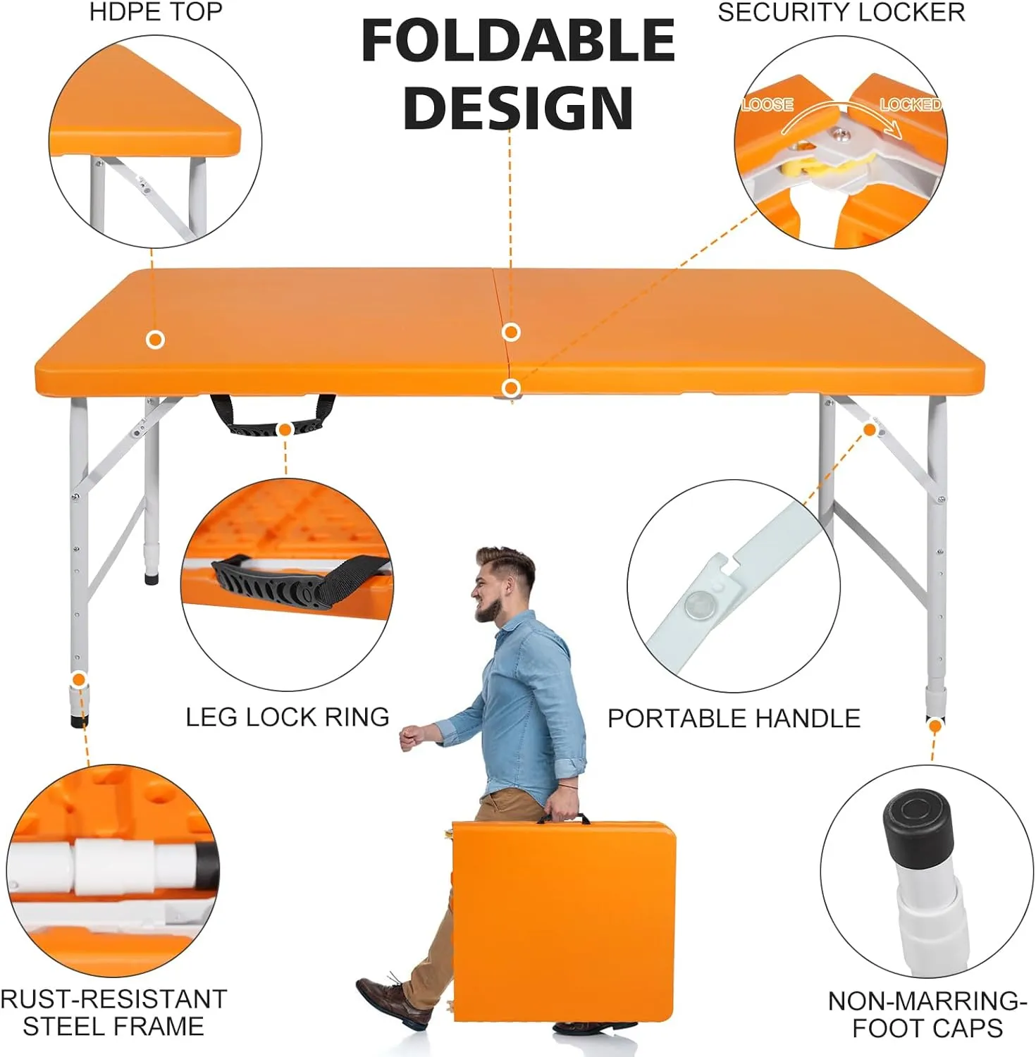 Portable 4Ft Adjustable Height Plastic Folding Table, Heavy Duty Fold-in-Half Table with Carrying Handle, Small Utility Foldable Table for Picnic Party Camping BBQ, Indoor/Outdoor (Orange)