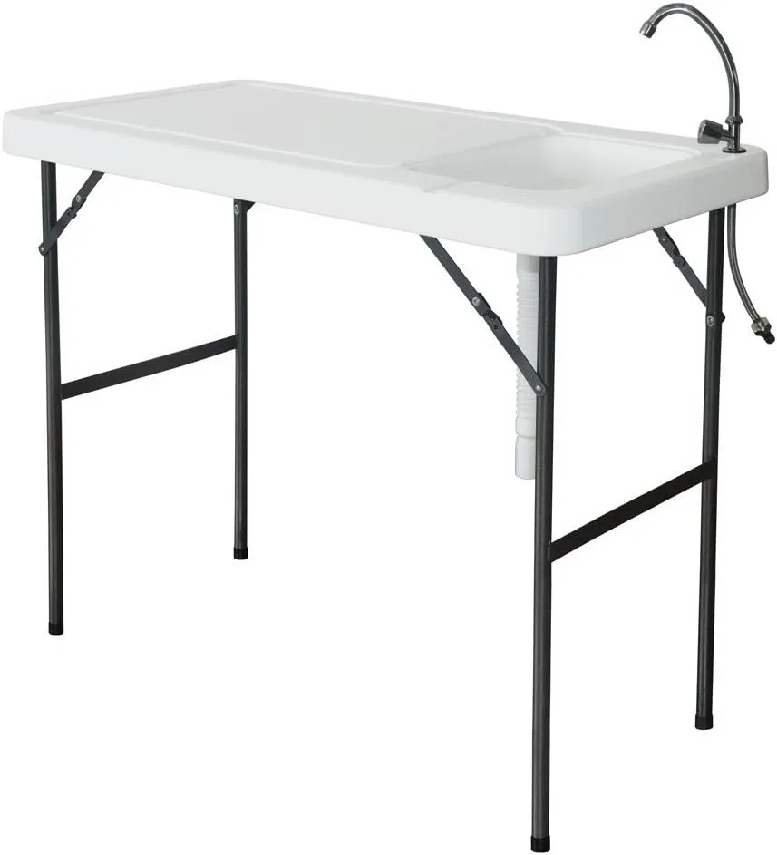 Portable Folding Camping Sink Fillet Hunting Cleaning Cutting Table with Faucet and Water Basins, Outdoor Fish Table Sink for Cleaning Fish, Vegetables and Fruits, White