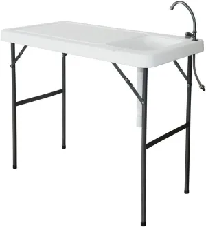 Portable Folding Camping Sink Fillet Hunting Cleaning Cutting Table with Faucet and Water Basins, Outdoor Fish Table Sink for Cleaning Fish, Vegetables and Fruits, White
