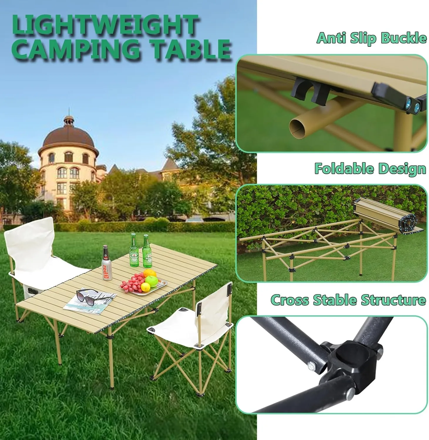 Portable Folding Camping Table, Roll-Up Aluminum Table with Carry Bag, Lightweight Design for Beach, Travel, and Outdoor Adventures Light Yellow 95×55×50cm/37×21×19.7in