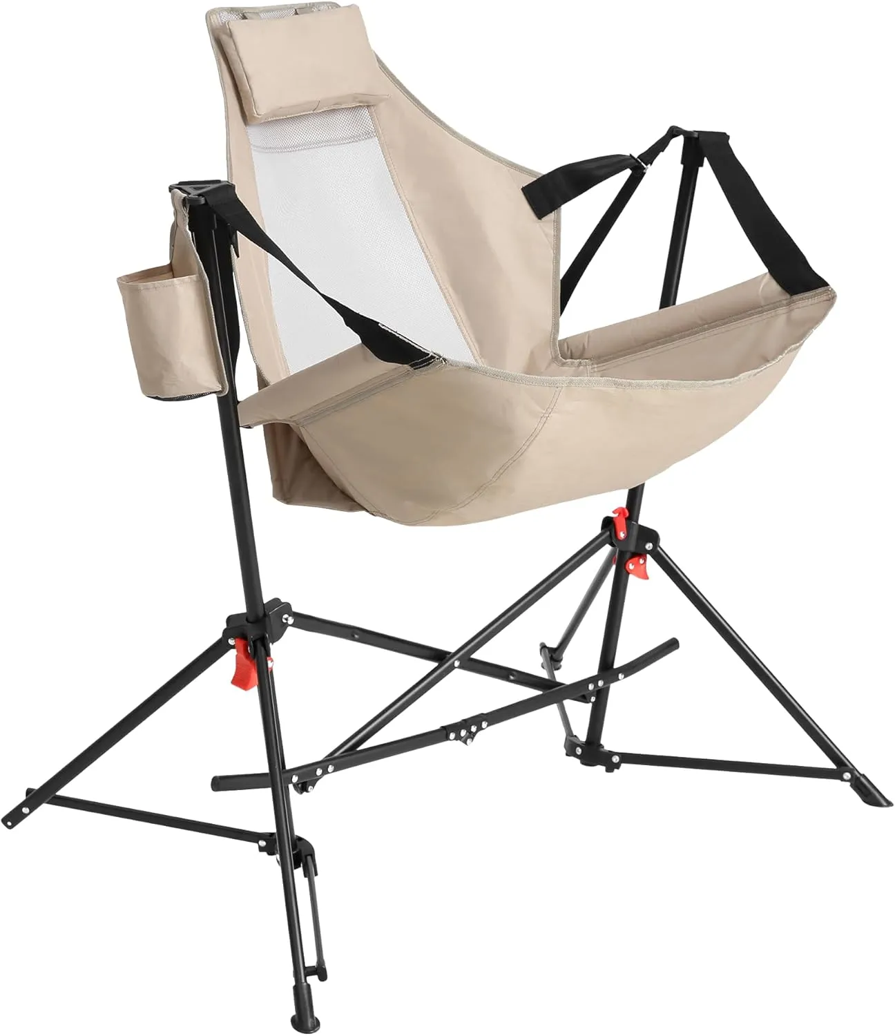 Portable Hammock Camping Chair with Pillow & Cup Holder – Adjustable, Aluminum Alloy Frame, Carry Bag – Outdoor, Travel, Lawn, Backyard – Khaki (1 Doors)