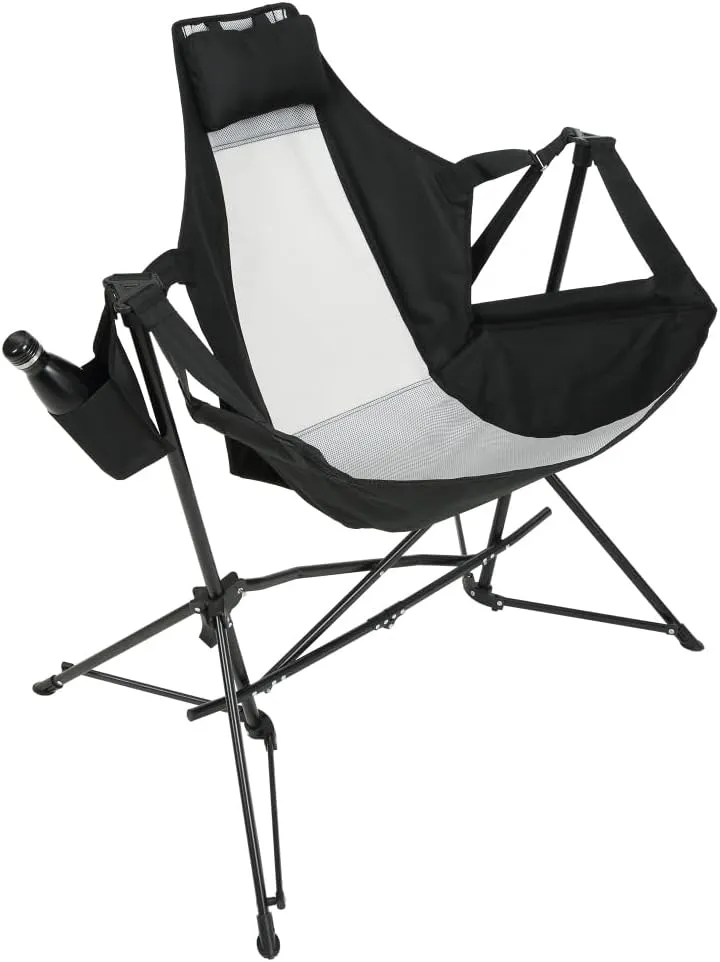 Portable Hammock Camping Chair w/Pillow & Cup Holder, Steel Frame Foldable Recliner for Outdoor (Black   Steel)