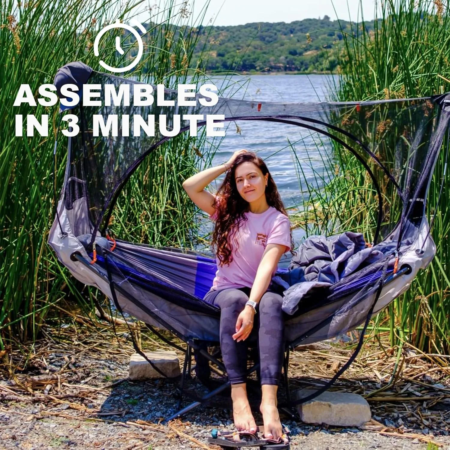 Portable Hammock with Stand, World's Best Mock ONE® Hammock Samsara Set, Compact Folding Framed Hammock with Mosquito Net and Tarp for Hiking, Camping, Backpacking, Travel, Backyard, Beaches- Blue