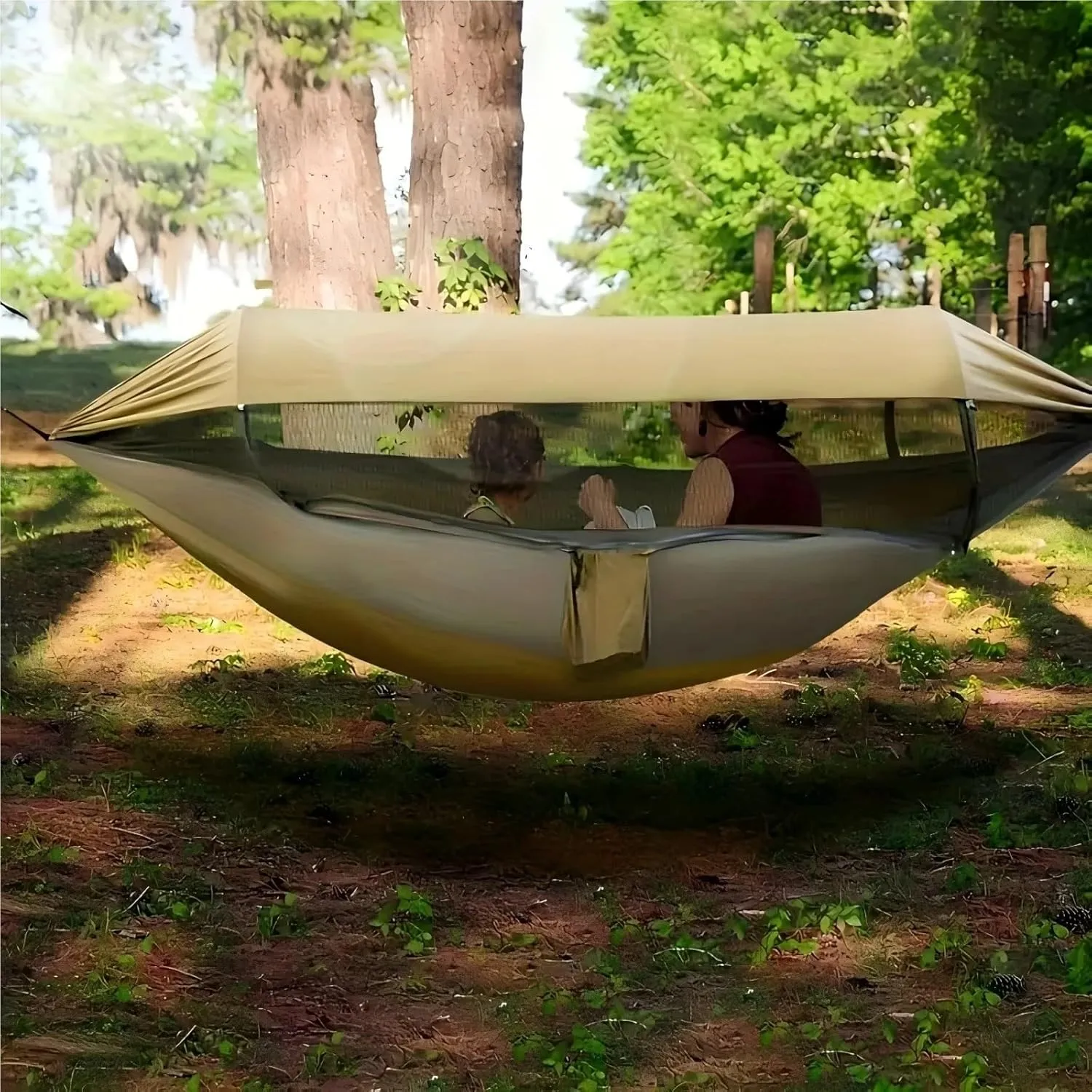 Portable Outdoor Camping Mosquito Net Hammocks with Awning Travel Garden Sleeping Hanging Hammock Swing Nature Hike(Blue)