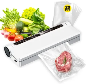 Portable Vacuum Sealer Machine for Food Storage, 75KPA Strong Suction, Dry/Wet Modes with One-Touch Seal, Includes 20 Bags & Digital Timer, Compact for Home Kitchen, Camping, Travel