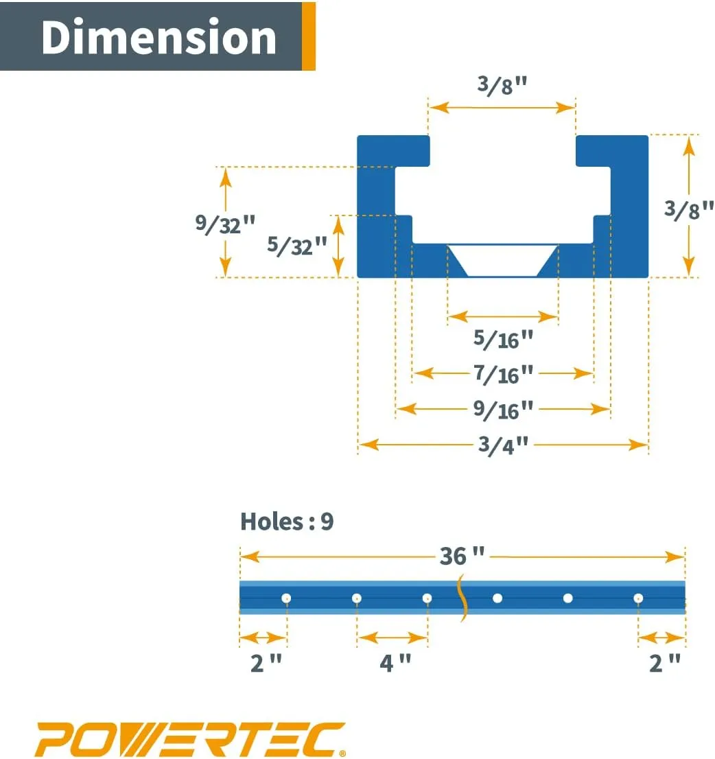 POWERTEC 71119-P3, 36 Inch Double-Cut Profile Universal T-Track with Predrilled Mounting Holes,for Woodworking Jigs and Fixtures, Drill Press Table, Router Table, Workbench, 6 Count, Pack of 1
