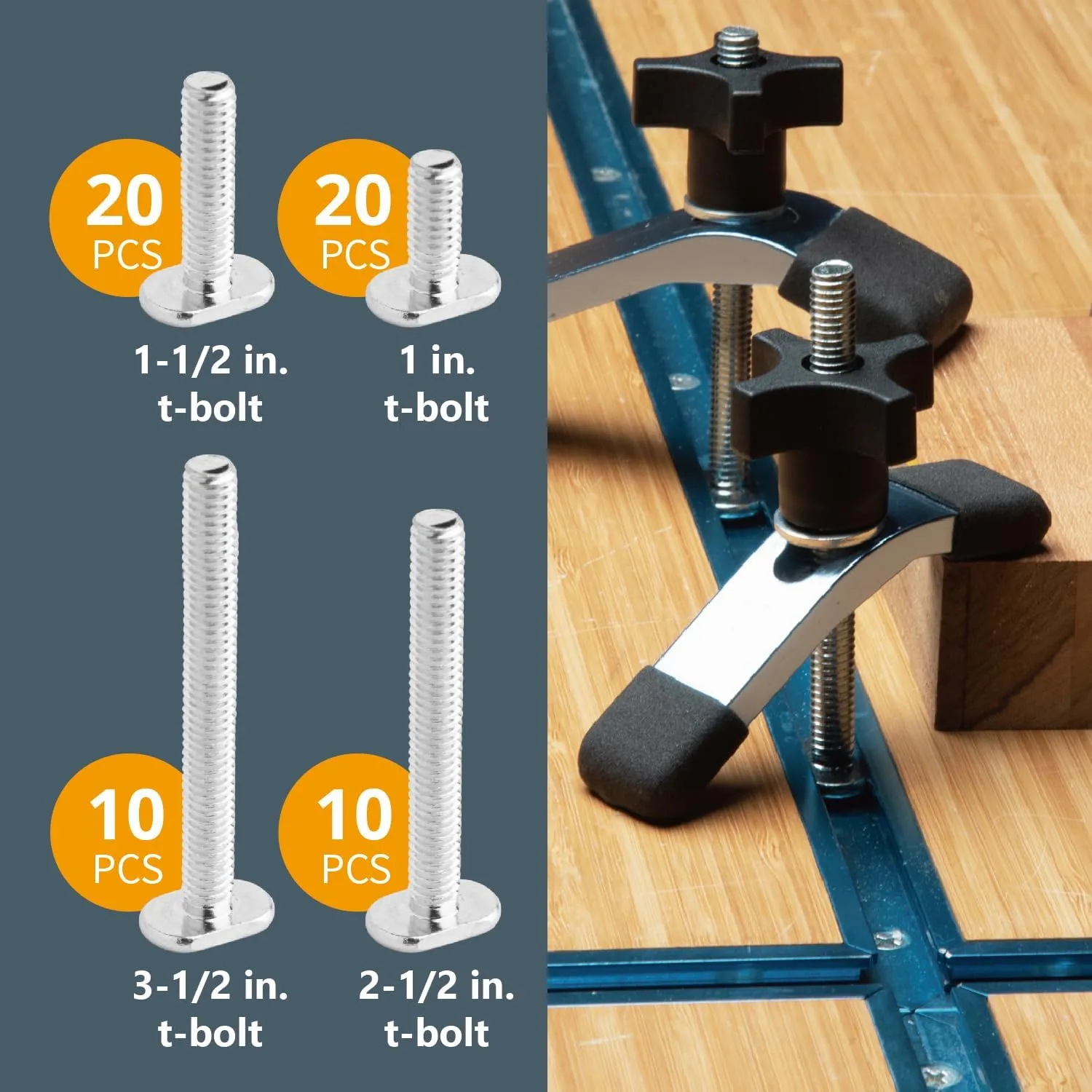 POWERTEC 71127 128 Piece Set T Track Knob Kit w/ 5 Star Knob, 1/4-20 Threaded bolts and Washers, T Track Accessories for Woodworking Jigs and Fixtures