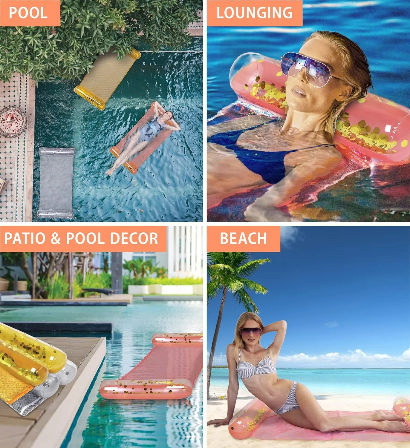 POZA Inflatable Water Hammock - Luxurious Pool Float Lounger Filled with Confetti, 4-in-1 Exercise Saddle, Lounge Chair, Hammock, & Drifter, Great for Beach & Swimming Pool - 56" x 30"