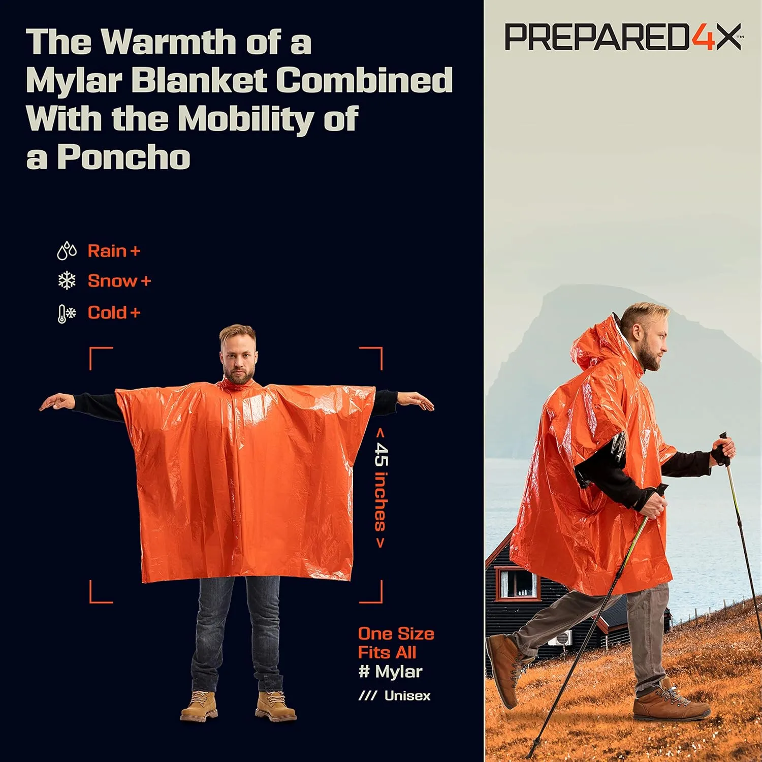 PREPARED4X Emergency Poncho and Mylar Blanket Liner - Heavey Duty, Waterproof, Wind-Resistant Green Outdoor Rain Poncho for Camping and Car Emergencies - 4 Pack (Orange)