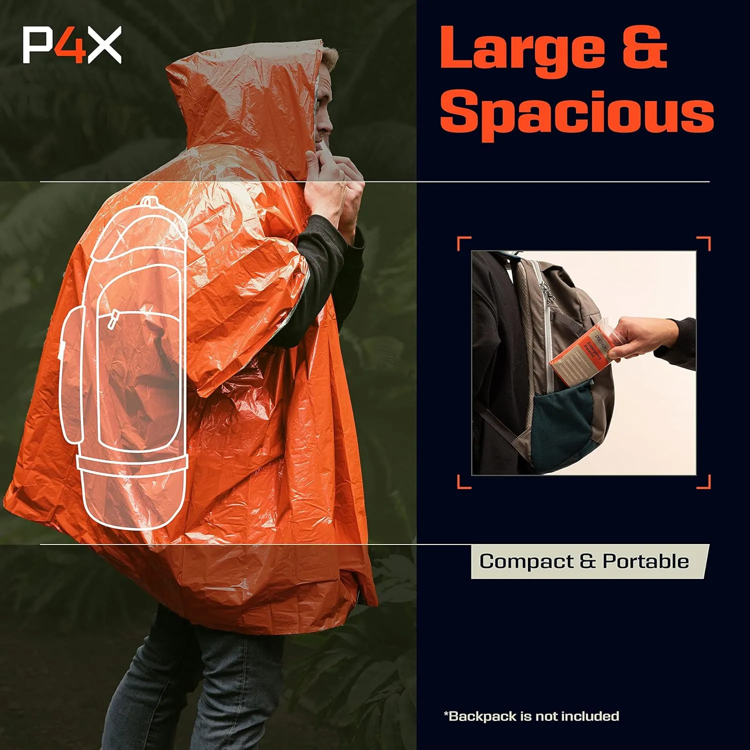 PREPARED4X Emergency Poncho and Mylar Blanket Liner - Heavey Duty, Waterproof, Wind-Resistant Green Outdoor Rain Poncho for Camping and Car Emergencies - 4 Pack (Orange)