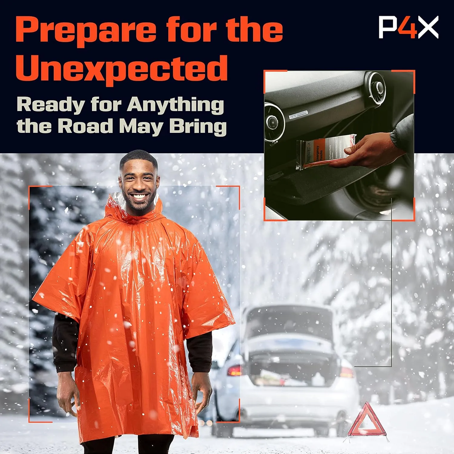 PREPARED4X Emergency Poncho and Mylar Blanket Liner - Heavey Duty, Waterproof, Wind-Resistant Green Outdoor Rain Poncho for Camping and Car Emergencies - 4 Pack (Orange)