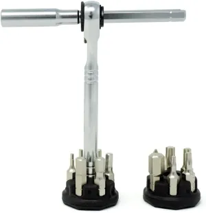Prestacycle Pro T-Handle Ratchet Kit with (12) S2 Bits and (2) Round Bit Holders – Compact Desktop/Benchtop 3-Way Ratchet Tool, Reversible Thumb-Wheel, 60Nm Heavy-Duty Torque