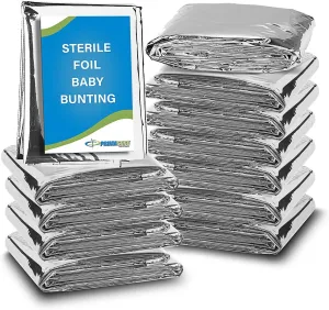Primacare CB-6835-CS Pack of 12 Sterile Foil Baby Bunting Blankets for Newborns and Infants, Disposable Emergency Heat Saving, 30" x 17"