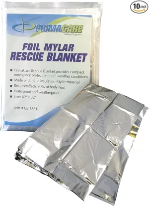 Primacare CB-6841-CS Emergency Foil Mylar Thermal Blanket, 82" Length x 54" Width (Pack of 10)