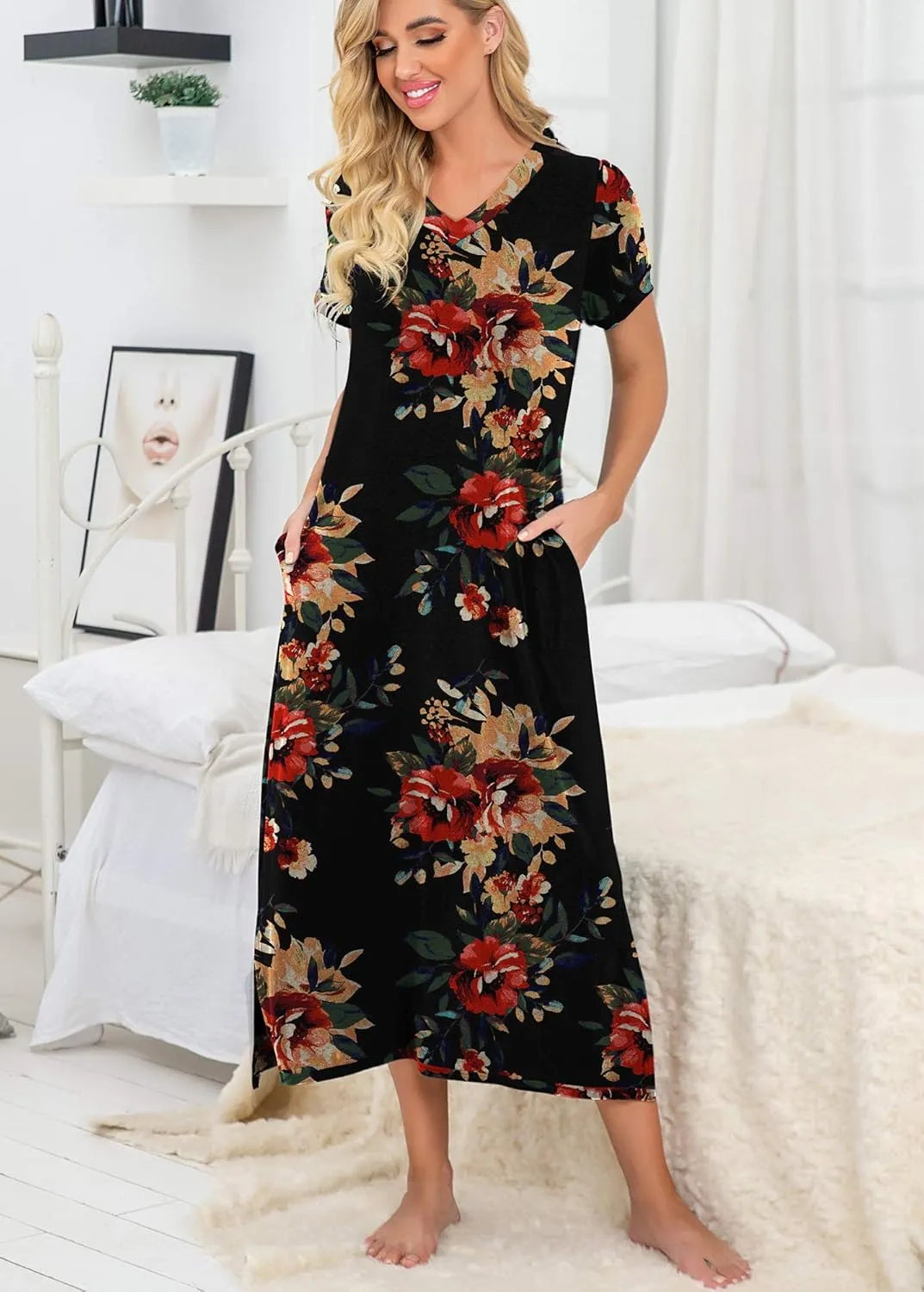 PrinStory Womens Long Nightgown Short Sleeve Nightshirt V-Neck Soft Loungewear Casual Sleepwear With Pockets