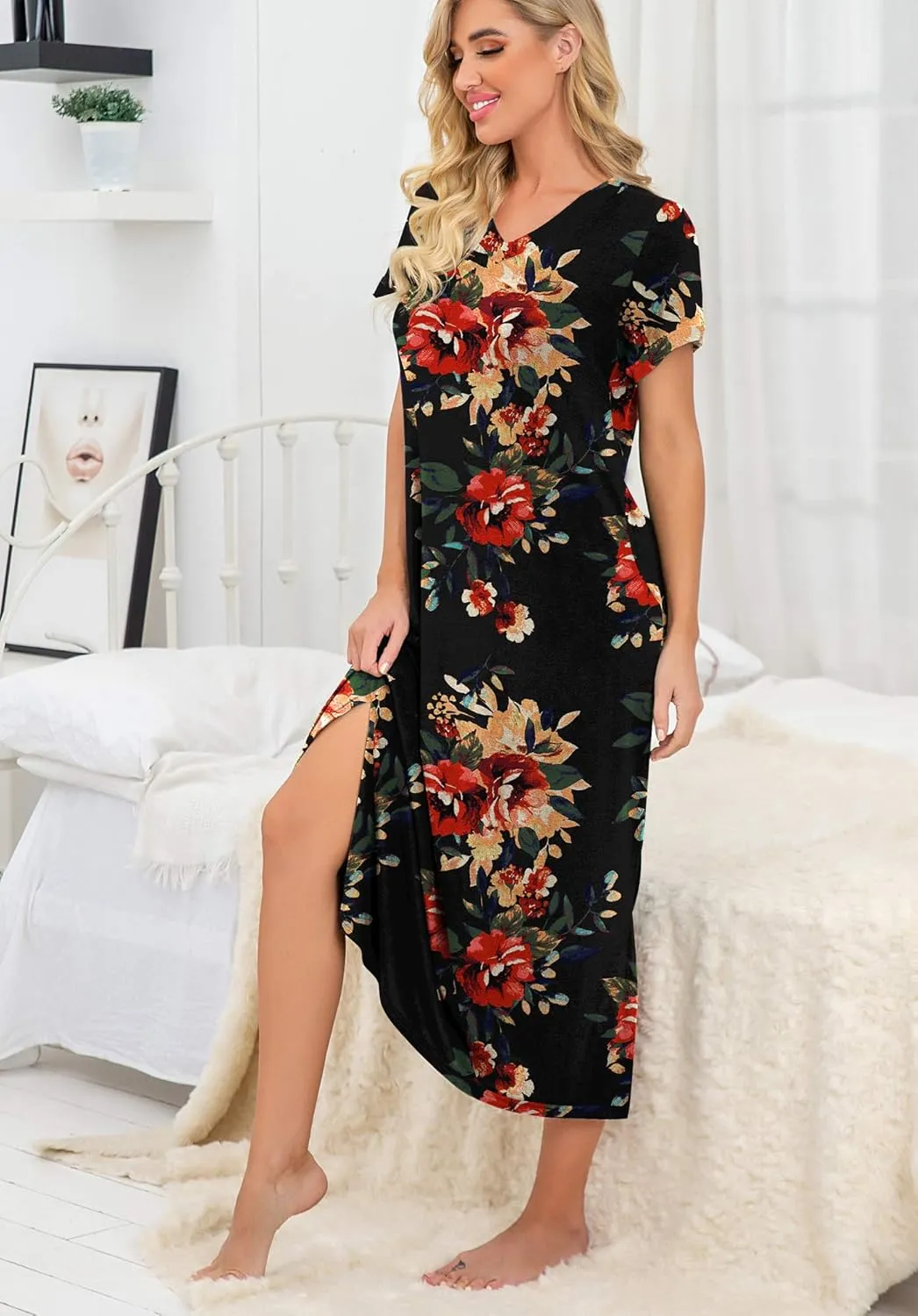 PrinStory Womens Long Nightgown Short Sleeve Nightshirt V-Neck Soft Loungewear Casual Sleepwear With Pockets
