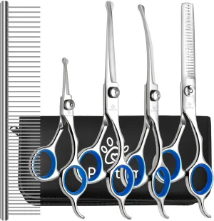 Professional Pet Grooming Kit – 6 in 1 Dog Grooming Scissors Kit - Dog & Cat Grooming Supplies - Adjustable Screw Scissors, 4CR Stainless Steel Dog Clippers, Hair Thinning Shears, Rubber Grips