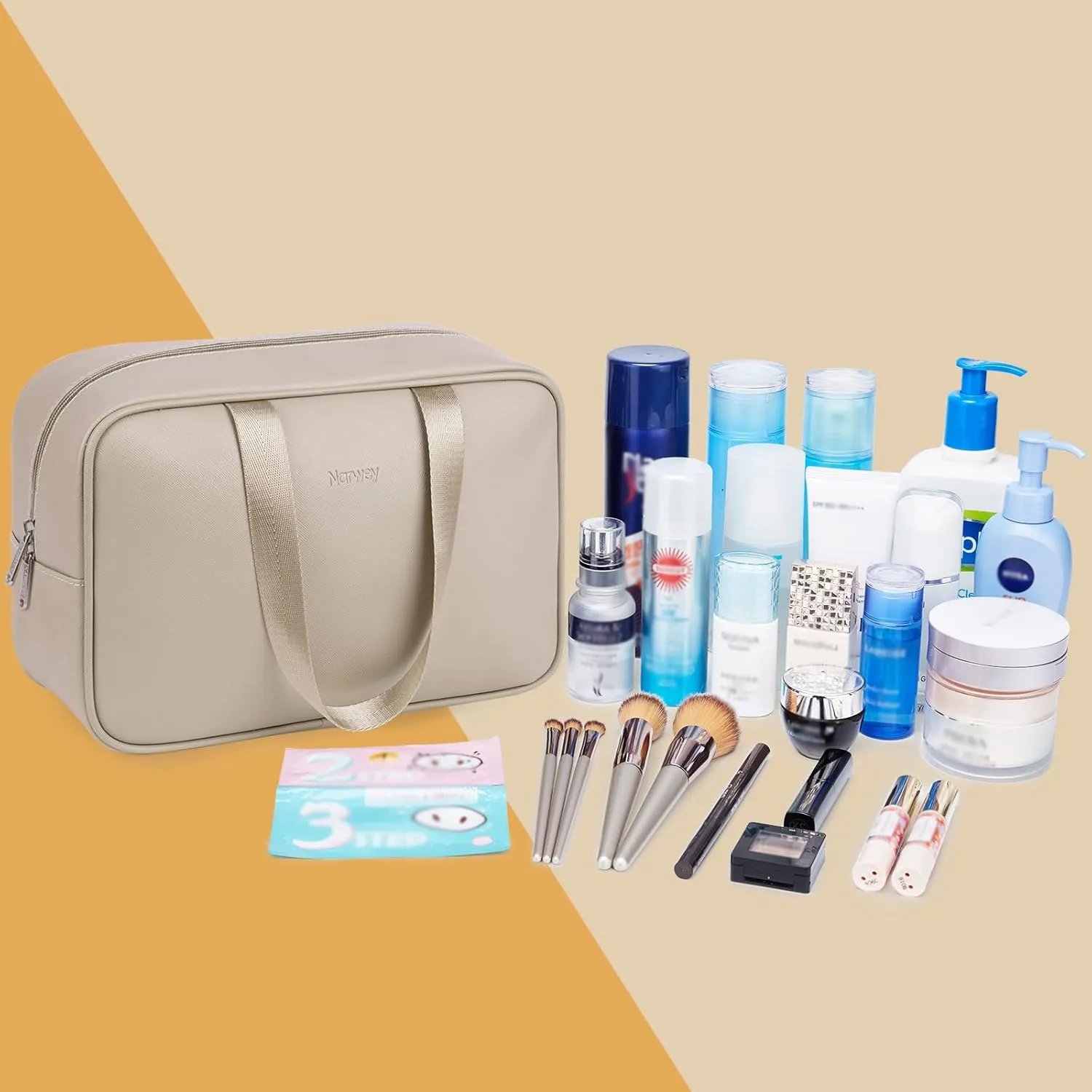 PU Leather Large Travel Toiletry Bag Women Toiletries Bag Skincare Bag Makeup Bag Organizer Make up bag Cosmetic Bag Medicine Bag for Girls (Large, Brown)