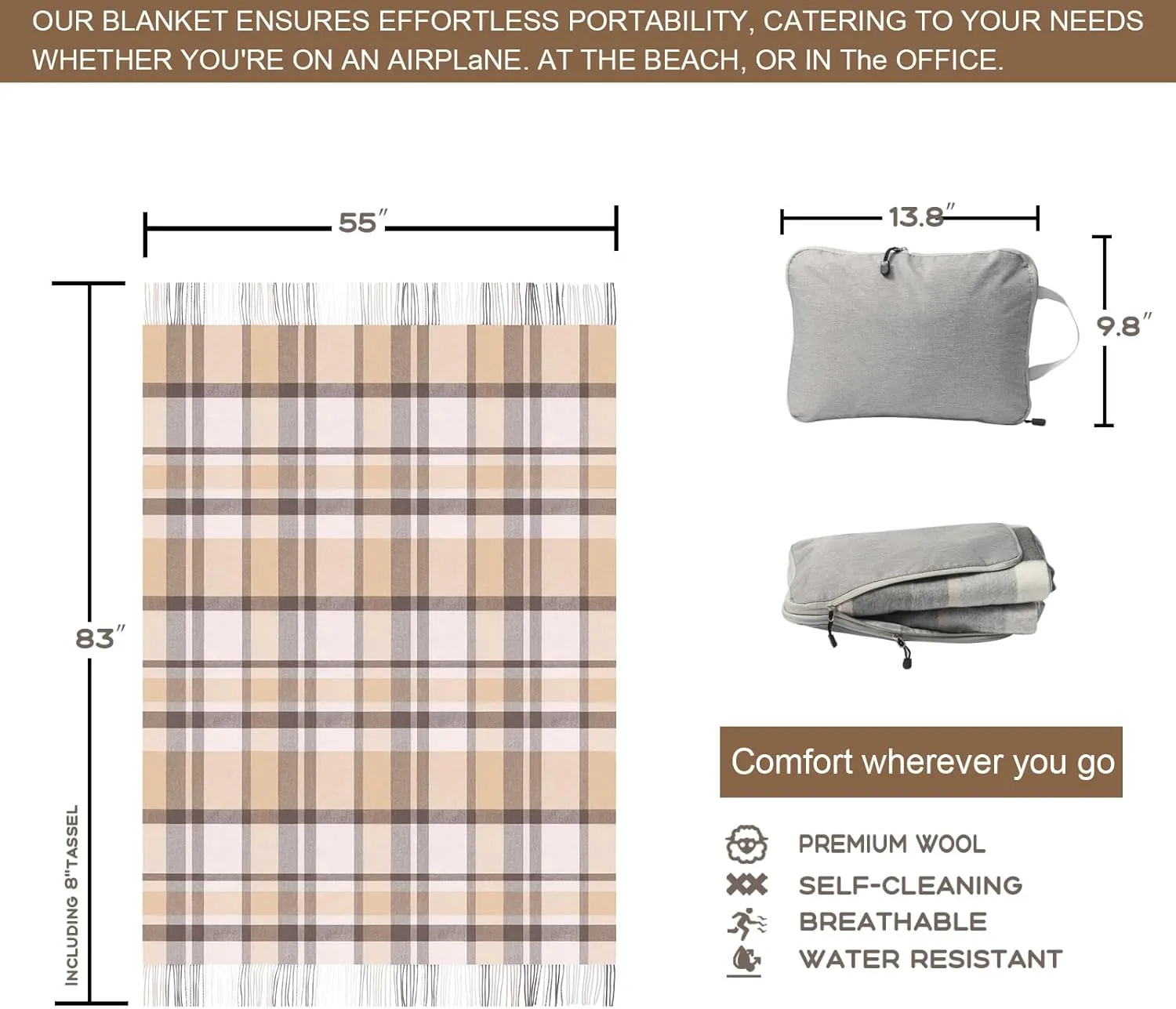 Pure Wool Throw & Toss Blanket 55"X83",Great Couch Throws,Soft Warm Lambswool Lap Blankets,Portable Lightweight Travel Blanket Airplane Compact with Bag