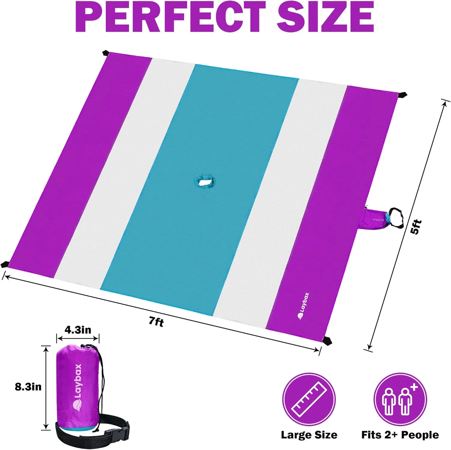 Purple Beach Blanket with Umbrella Hole 7ftx5ft- Water Resistant, Sandproof, Lightweight, Rip-Stop Nylon with Umbrella Hole & Sand Pockets, Camping Essentials, Beach Canopy Compatible