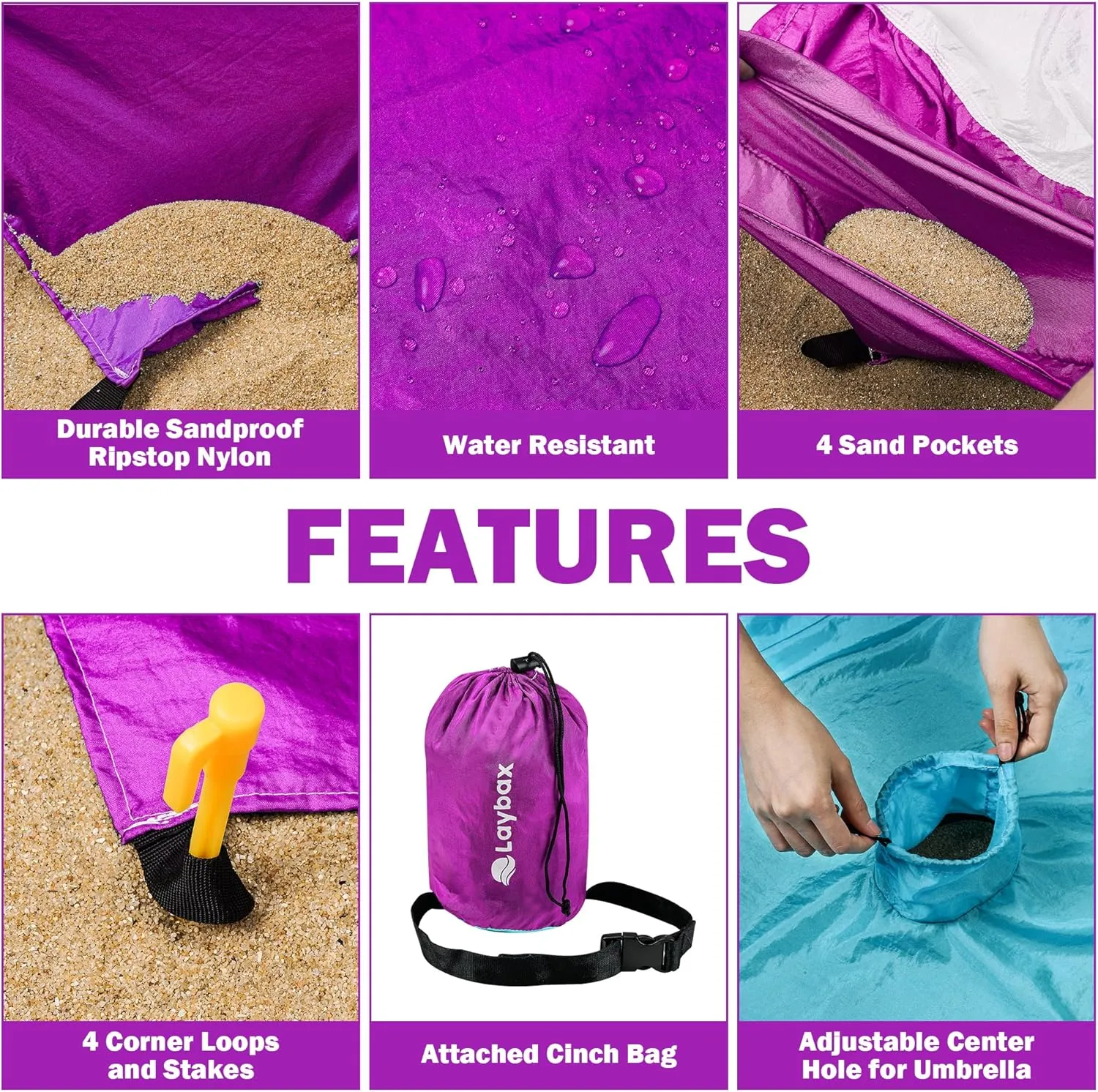 Purple Beach Blanket with Umbrella Hole 7ftx5ft- Water Resistant, Sandproof, Lightweight, Rip-Stop Nylon with Umbrella Hole & Sand Pockets, Camping Essentials, Beach Canopy Compatible