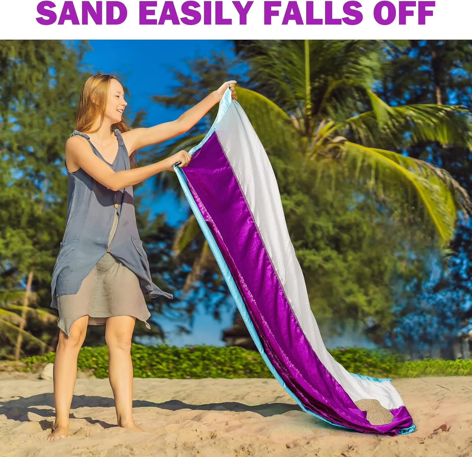 Purple Beach Blanket with Umbrella Hole 7ftx5ft- Water Resistant, Sandproof, Lightweight, Rip-Stop Nylon with Umbrella Hole & Sand Pockets, Camping Essentials, Beach Canopy Compatible
