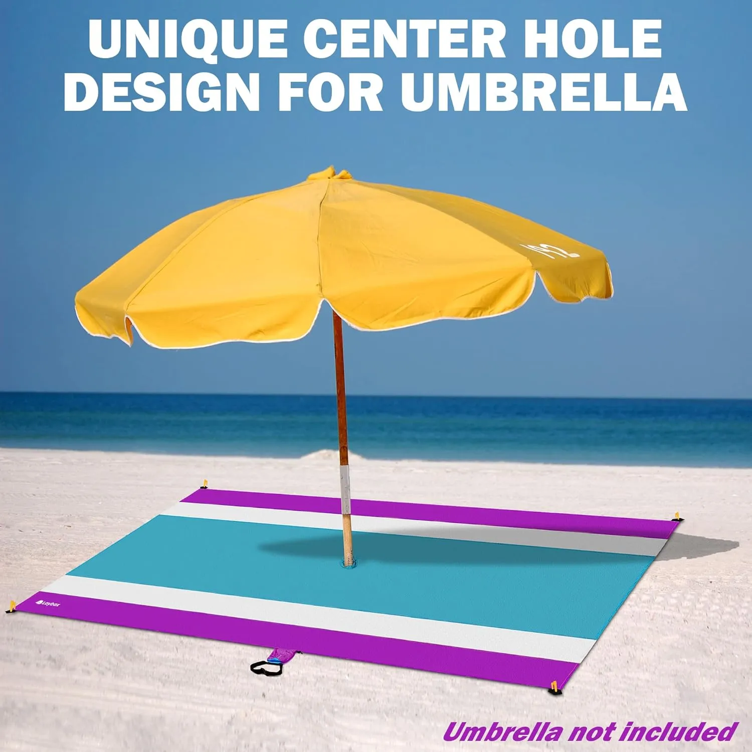 Purple Beach Blanket with Umbrella Hole 7ftx5ft- Water Resistant, Sandproof, Lightweight, Rip-Stop Nylon with Umbrella Hole & Sand Pockets, Camping Essentials, Beach Canopy Compatible