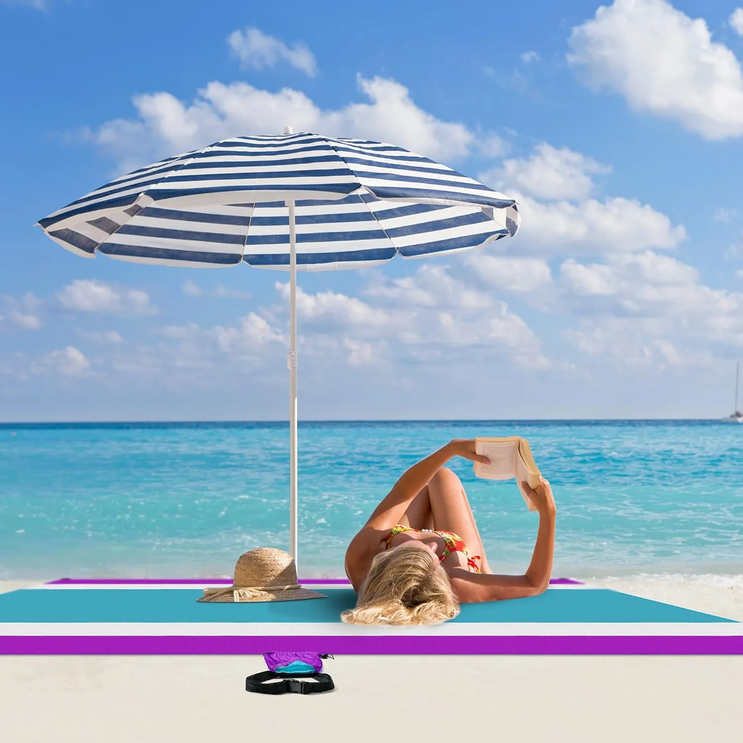 Purple Beach Blanket with Umbrella Hole 7ftx5ft- Water Resistant, Sandproof, Lightweight, Rip-Stop Nylon with Umbrella Hole & Sand Pockets, Camping Essentials, Beach Canopy Compatible