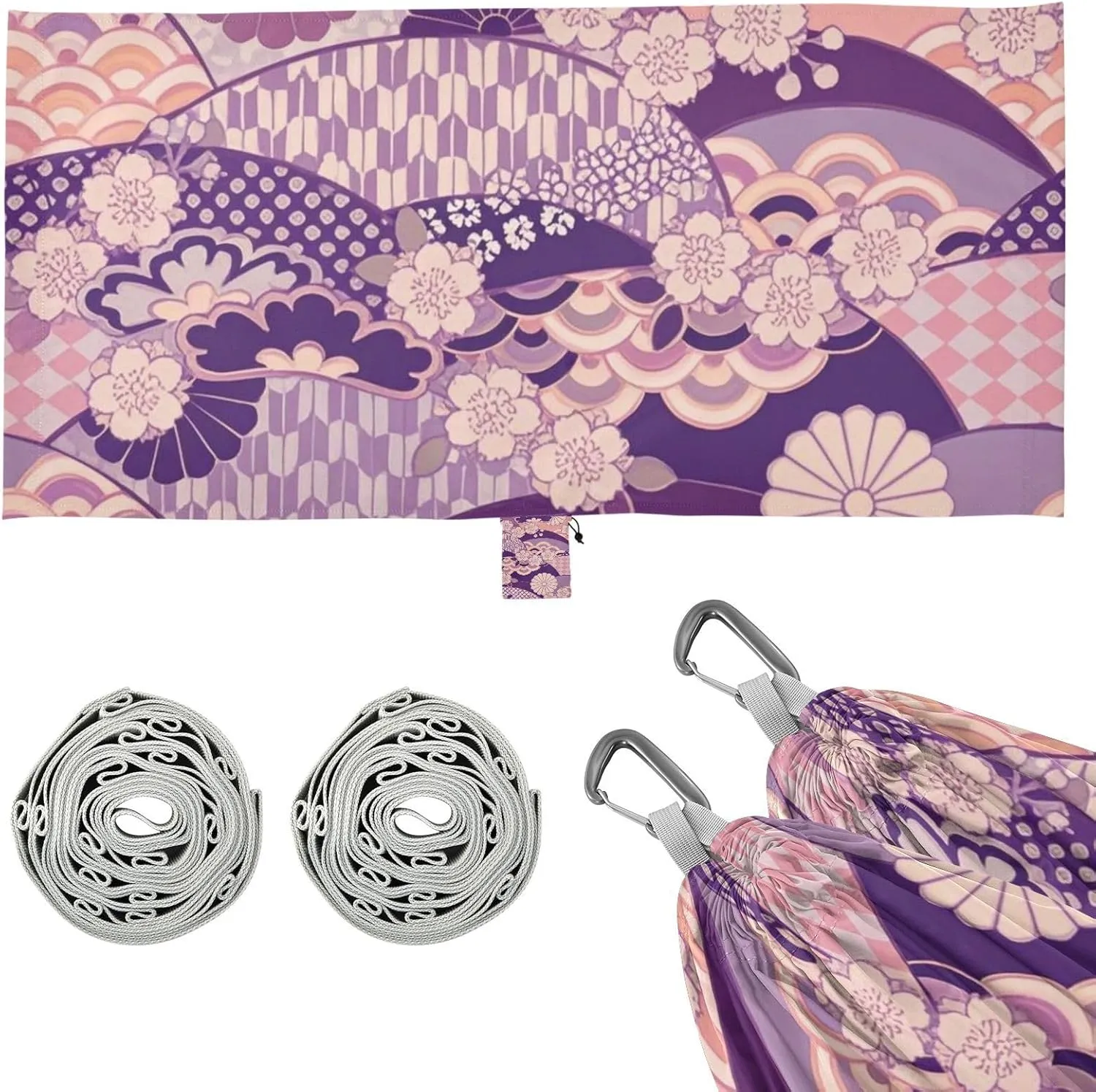 Purple Japanese Zephyr Cherry Blossoms Outdoor Hammocks with Tree Straps Fabric Hammock for Outside Camping Essentials