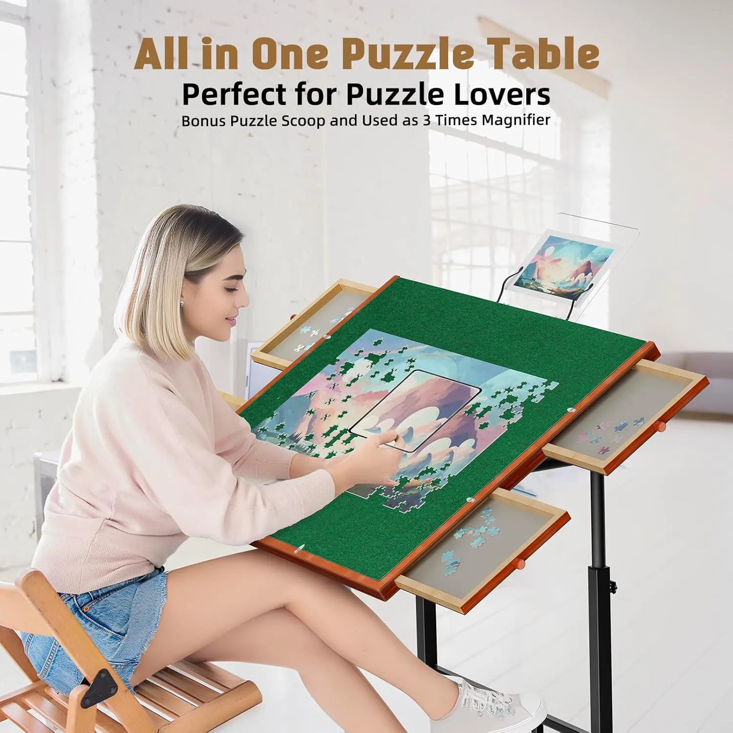Puzzle Table with Drawers, 1500 Piece Jigsaw Puzzle Board with Wood Cover and Shelf, Tiltable and 14 Levels Height Adjustable, Foldable Puzzle Tables with Wheels for Adults Puzzle Enthusiasts Green