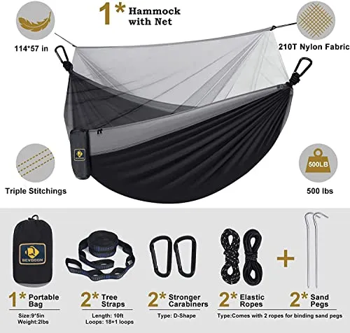 Qevooon Camping Hammock with Net,Travel Portable Lightweight Hammocks with Tree Straps and Solid D-Shape Carabiners,Parachute Nylon Hammock for Outsides Backpacking Beach Backyard Patio Hiking