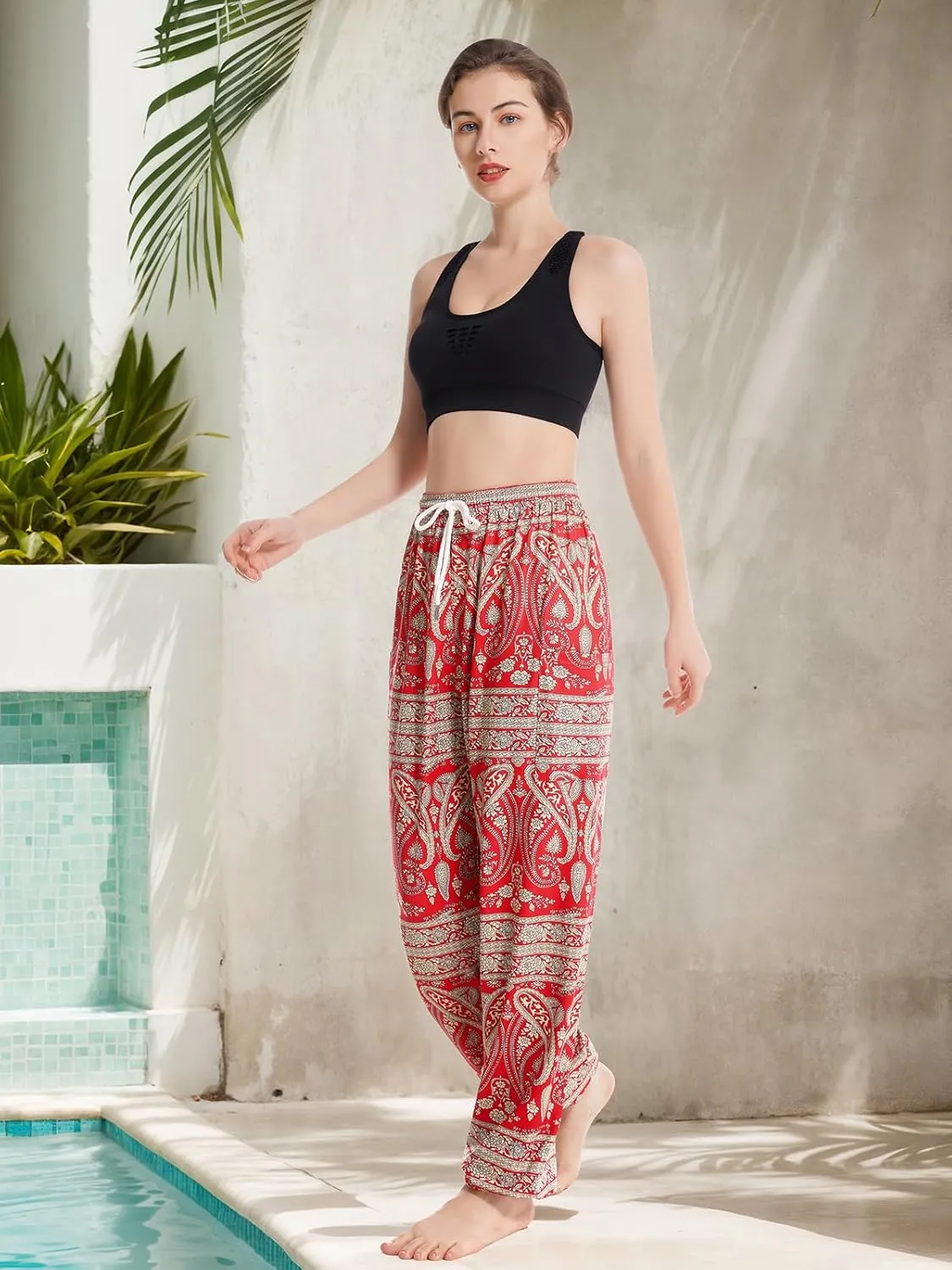 QIANXIZHAN Women's Harem Pants, Hippie Palazzo Pants Boho Joggers Yoga Clothes with Pockets